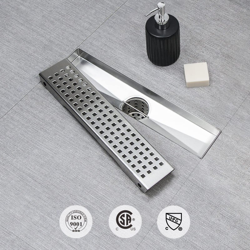 SaniteModar Shower Drain, 12 inch Linear Shower Drain with Removable Square Hole Panel, AISI 304 Stainless Steel Brushed Shower Floor Linear Drain with Adjustable Feet and Hair Strainer - Image 4